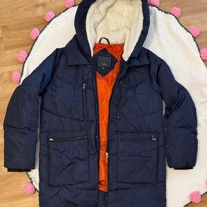 Steve Madden Navy Puffer Jacket with Orange Lining and Sherpa Trim